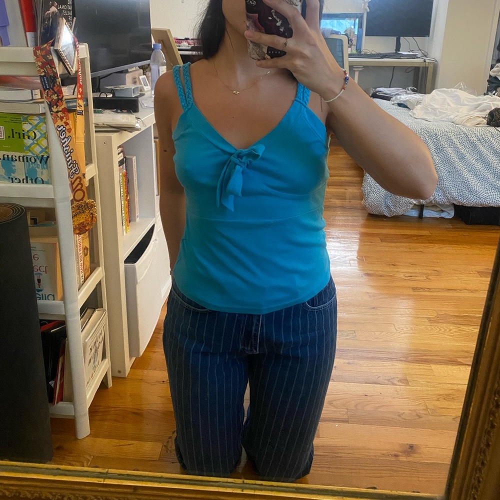 Turquoise cotton 90s camisole with braided straps and bow
